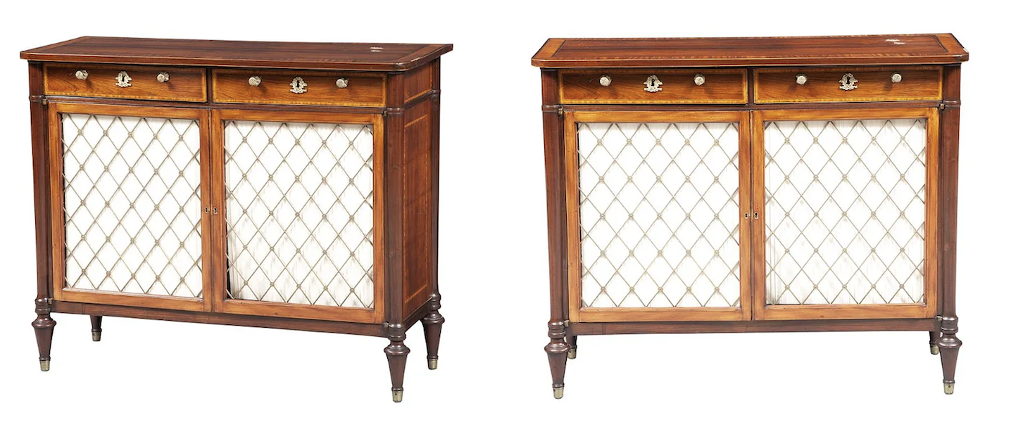 Circa-1810 pair of Regency satinwood banded rosewood side cabinets, $16,380