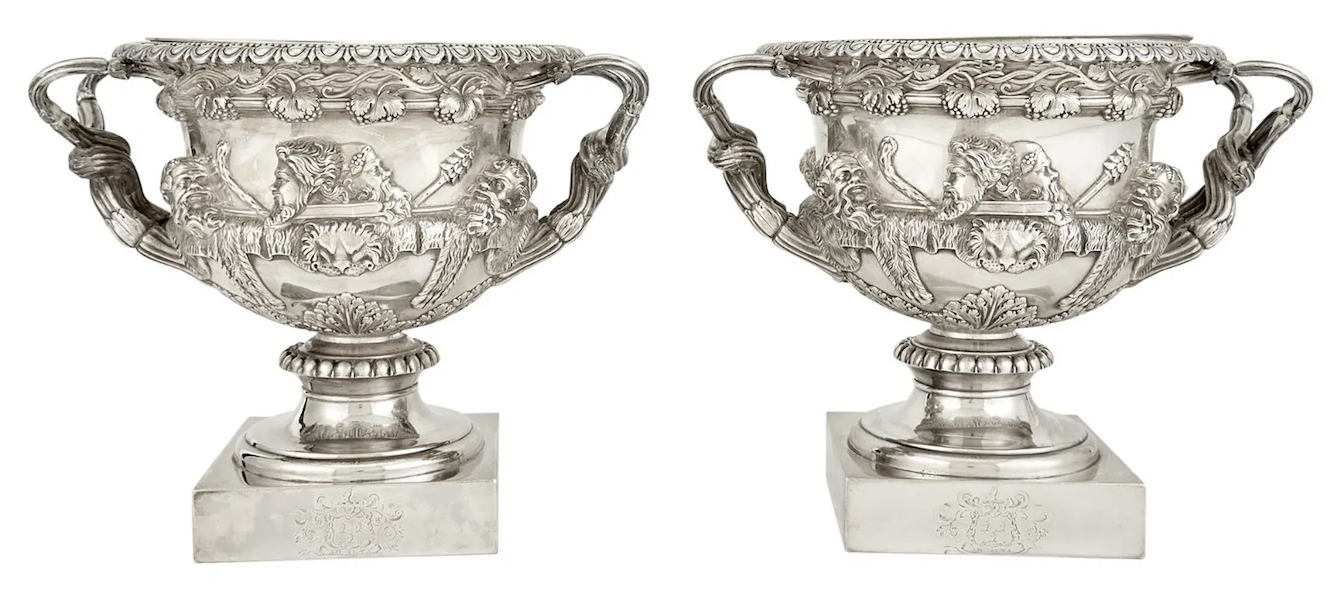  Pair of 1833 sterling silver bottle coolers by Waterhouse, Hodson & Co., $34,650