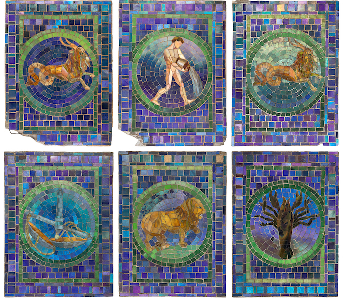 Set of six Tiffany Studios mosaic Zodiac panels, $57,500. Image courtesy of Heritage Auctions