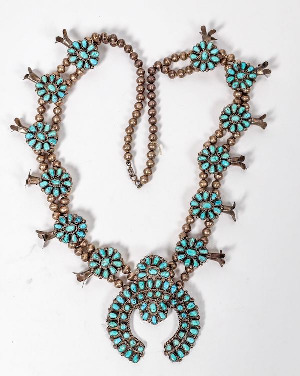 Vintage Zuni turquoise petit point seed bead squash blossom necklace, estimated at $2,600-$4,600
