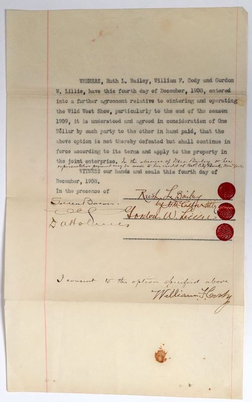 Typed 1908 Wild West Show contract signed by Buffalo Bill, estimated at $5,000-$8,000
