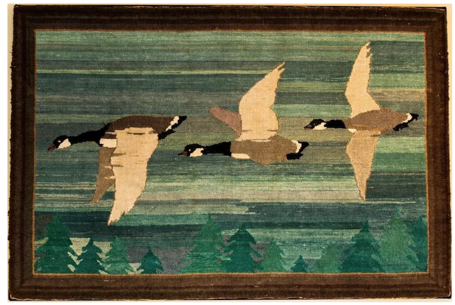 A circa-1930s Grenfell mat that depicted flying geese earned $1,850 plus the buyer’s premium in February 2021. Image courtesy of Jasper52 and LiveAuctioneers.