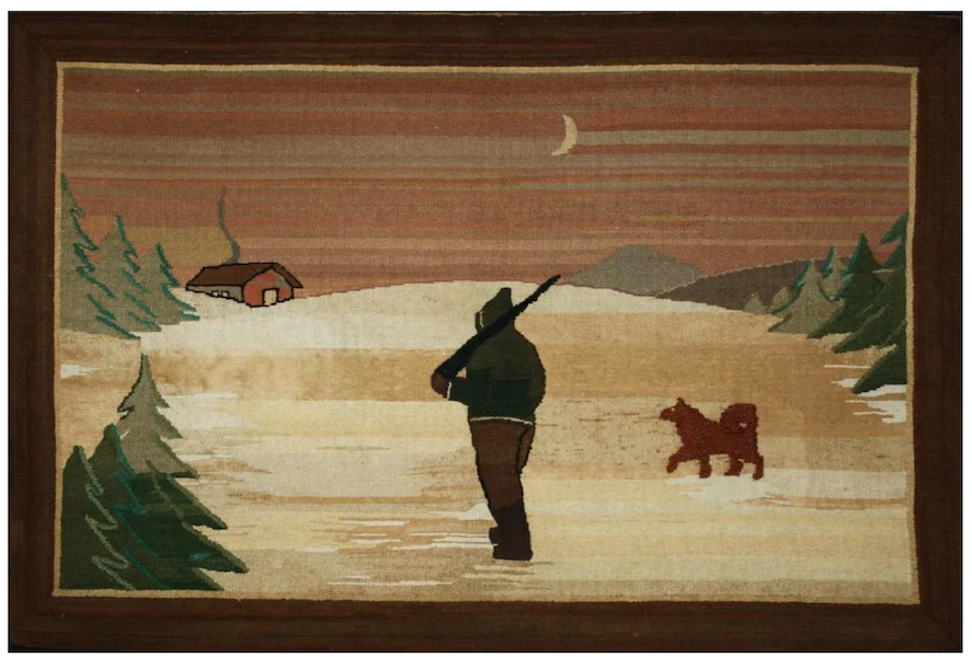 An early 20th-century Grenfell mat featuring a hunting scene brought $1,500 plus the buyer’s premium in February 2017. Image courtesy of Merrill’s Auctioneers and Appraisers and LiveAuctioneers.