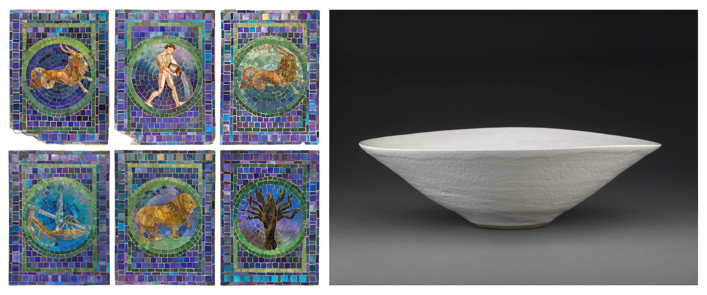 Left, set of six Tiffany Studios mosaic Zodiac panels, $57,500; right, Lucie Rie large conical stoneware bowl, $40,000. Images courtesy of Heritage Auctions