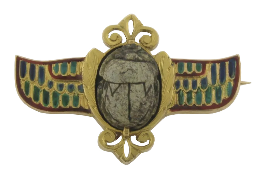 18K gold and enamel brooch with antique scarab, estimated at $3,000-$3,500
