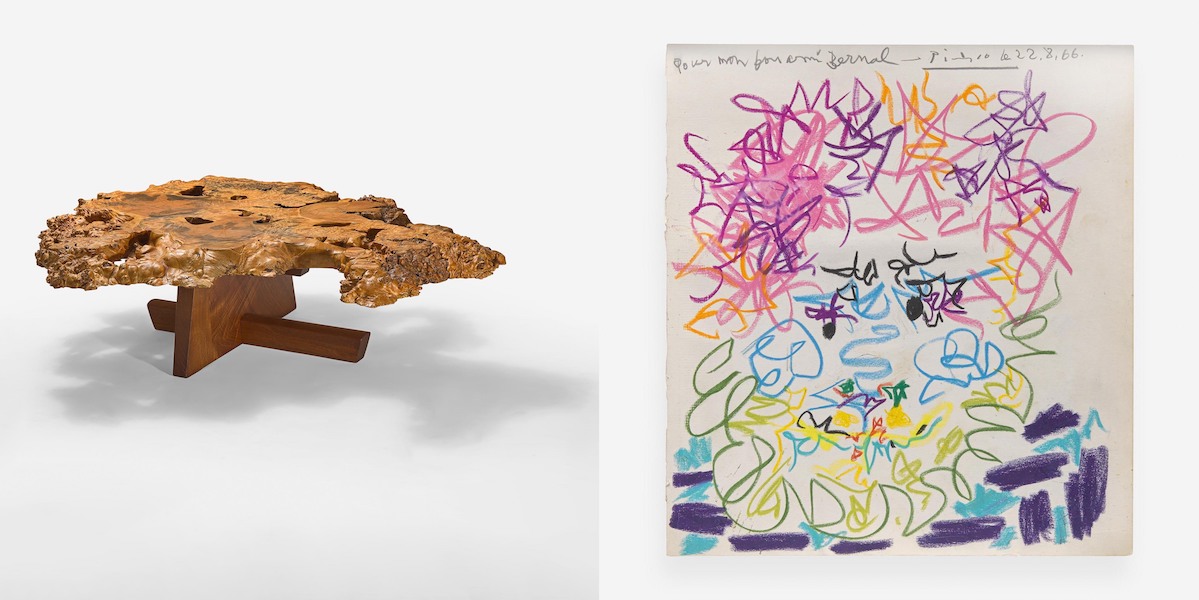 Left, George Nakashima Minguren I coffee table, estimated at $150,000-$250,000; right, Pablo Picasso, ‘Tete d’Homme Barbu,’ estimated at $80,000-$120,000