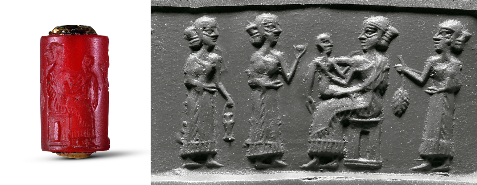 Left, cylinder seal with mother and child attended by women, Mesopotamia, Akkadian, Ur (modern Tell el-Muqayyar), PG 871 Akkadian period (ca. 2334–2154 B.C.), courtesy of the Penn Museum; right, modern impression with mother and child attended by women, Mesopotamia, Akkadian, Ur (modern Tell el-Muqayyar), PG 871 Akkadian period (ca. 2334–2154 B.C.), courtesy of the Penn Museum. 