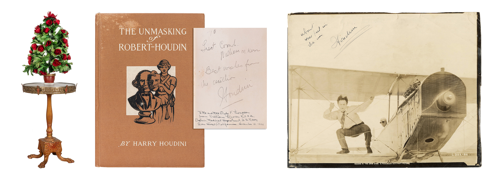 Left, Harry Houdini’s automatic flowering rosebush magic apparatus, estimated at $25,000-$50,000; Center, first edition of Houdini’s book, ‘The Unmasking of Robert-Houdin,’ estimated at $1,500-$2,500; Right, a signed and inscribed movie still of Houdini in the film ‘The Grim Game,’ estimated at $2,500-$5,000.