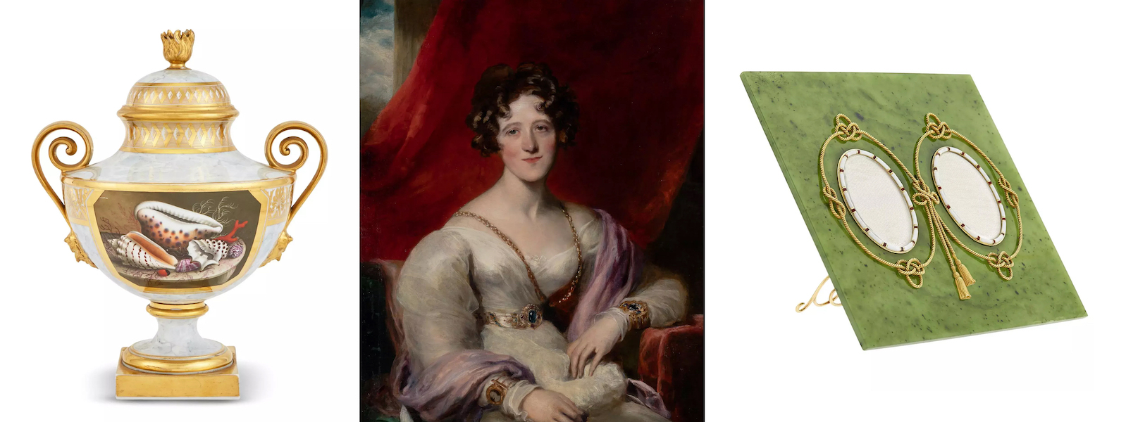 Left, Worcester porcelain covered two-handled urn by Flight Barr and Barr, $10,710; center, Thomas Lawrence’s 1827 portrait of Mary-Anne Capel, $15,120; right, Faberge nephrite double photograph frame by Henrik Wigstrom, $34,650