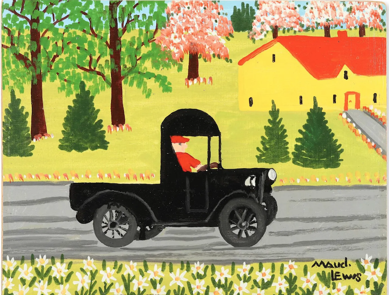 Vehicles were a favorite subject for Canadian artist Maud Lewis, whose 1967 oil on board, ‘Black Truck,’ attained $257,713 plus the buyer’s premium at Miller & Miller in May 2022. Image courtesy of Miller & Miller and LiveAuctioneers. Price converted to US dollars.