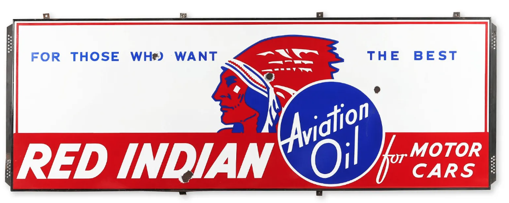 This circa-1930s single-sided Red Indian Aviation motor oil sign earned $29,108 plus the buyer’s premium at Miller & Miller in June 2022. Image courtesy of Miller & Miller and LiveAuctioneers. Price converted to US dollars.