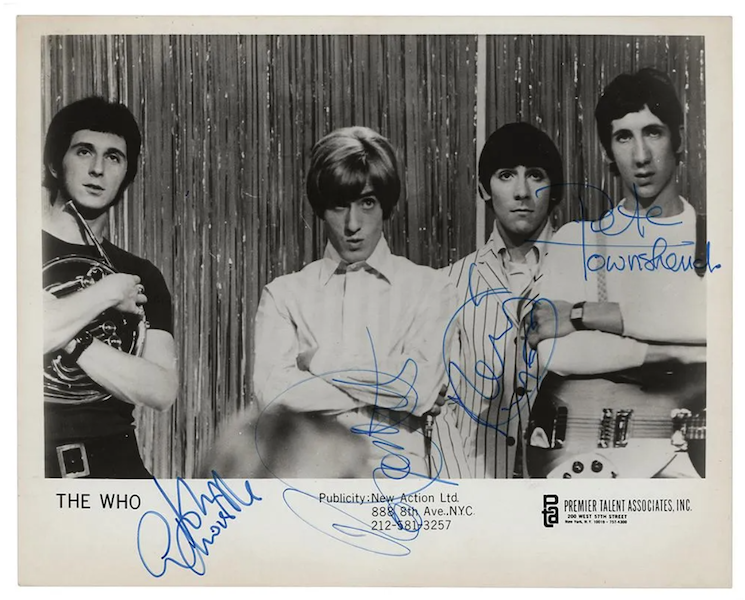 A signed promotional photograph of The Who, taken during a live 1966 taping for the BBC’s television show ‘Top of the Pops,’ achieved $17,779 plus the buyer’s premium in December 2021. Image courtesy of RR Auction and LiveAuctioneers.