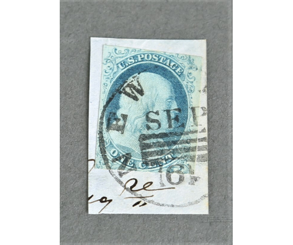 A fine example of an 1851 Benjamin Franklin 1-cent stamp (Blue, Type lb, 5A), noted by Scott as one of the two best examples of this type, estimated at $4,000-$6,000. Image courtesy of Quinn’s Auction Galleries