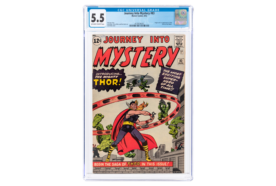 ‘Journey Into Mystery’ #83, August 1962, features origin and first appearance of Marvel’s God of Thunder, The Mighty Thor. CGC 5.5 Fine. Sold just above high estimate for $20,767. Image courtesy of Hake’s Auctions