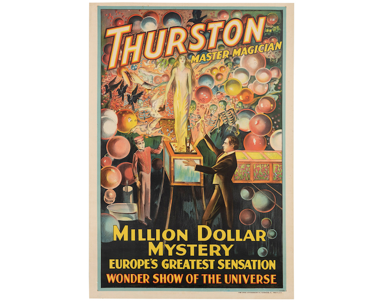 Circa-1928 poster dubbed Thurston Master Magician, Million Dollar Mystery, estimated at $4,000-$6,000