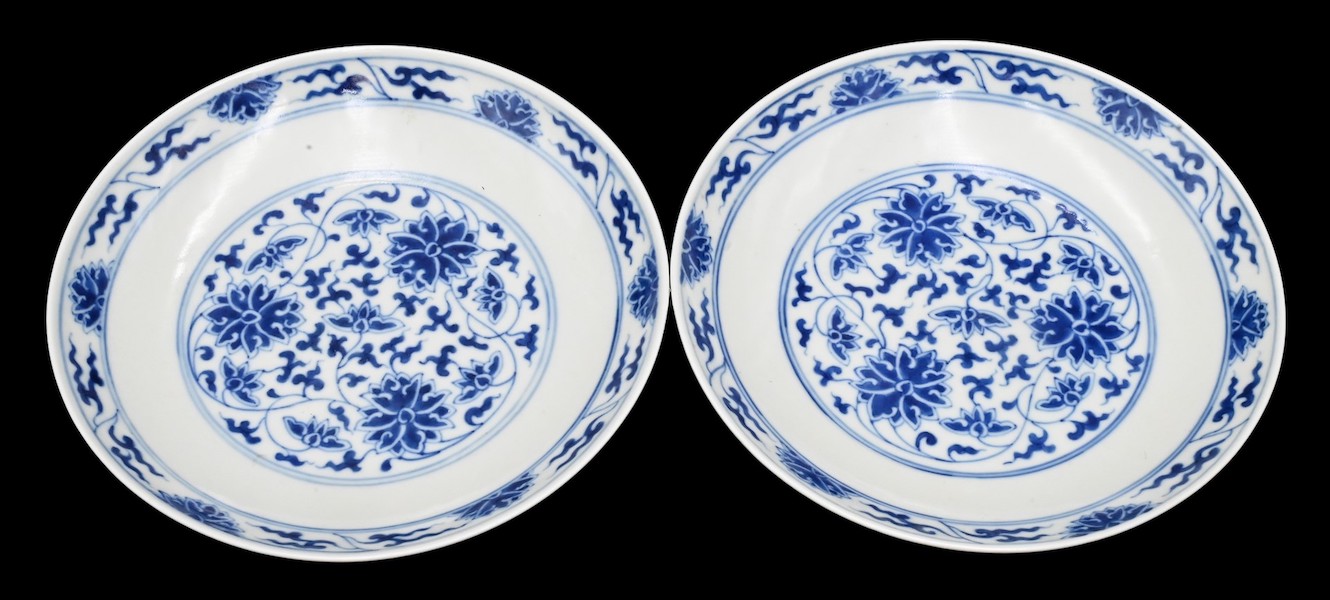  Pair of blue and white porcelain dishes, $6,875