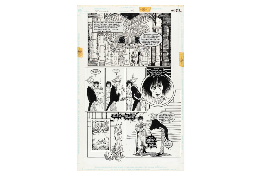 Duncan Eagleson original art (inked by Vince Locke) for Page 22 of ‘Sandman’ Vol. 2 #38, DC’s Vertigo subsidiary, June 1992. Size: 11in x 17in. Sold well above estimate for $7,606. Image courtesy of Hake’s Auctions