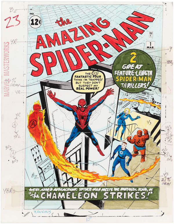 Hand-colored stat paper sheets for the 1987 ‘Marvel Masterworks’ #1 hardcover book that reprints the 1963 ‘Amazing Spider-Man’ Volume 1 #1 comic which features the second-ever appearance of Spider-Man by Steve Ditko. From the archives of colorist Andy Yanchus. Sold for $14,437 against an estimate of $700-$1,000. Image courtesy of Hake’s Auctions