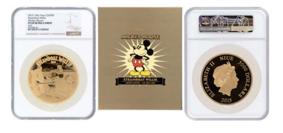 2015 New Zealand Mint 1-kilo Niue coin of .999 fine gold with image of Her Majesty Queen Elizabeth II on obverse and iconic scene of Mickey Mouse in ‘Steamboat Willie’ on reverse. Retains wooden display box and NZ Mint COA. Sold within estimate for $58,410. Image courtesy of Hake’s Auctions
