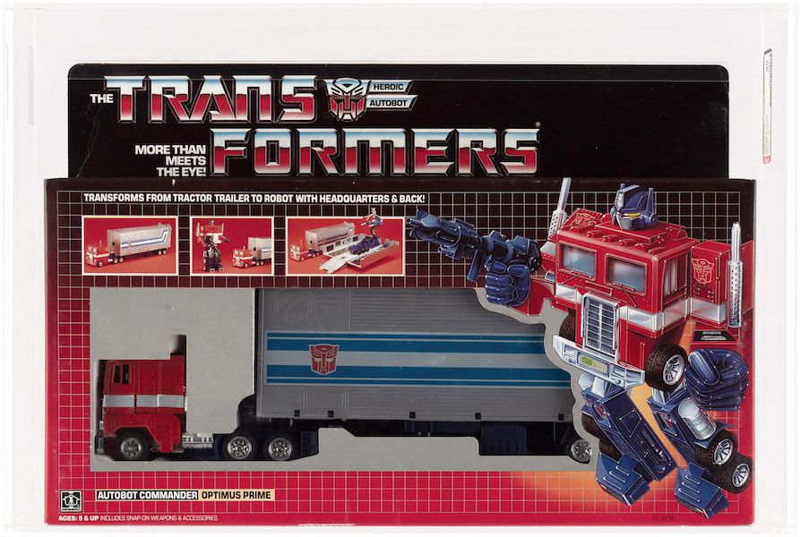 Transformers 1984 Series 1 Autobot Commander Optimus Prime which converts from tractor-trailer to robot with headquarters, then back again. AFA-graded 80 NM. Among the most desirable of Series 1 Transformer toys. Sold for $9,735. Image courtesy of Hake’s Auctions