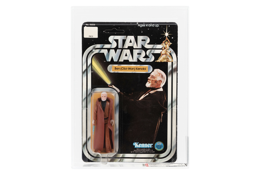 Encased Star Wars (1978) 3.75in Ben (Obi-Wan) Kenobi 12 Back-A double-telescoping lightsaber action figure with SKU on footer denoted earlier production, AFA 75 Ex+/NM. Extremely rare and only the third carded specimen of its type ever to be offered by Hake’s. Sold for $79,178. Image courtesy of Hake’s Auctions