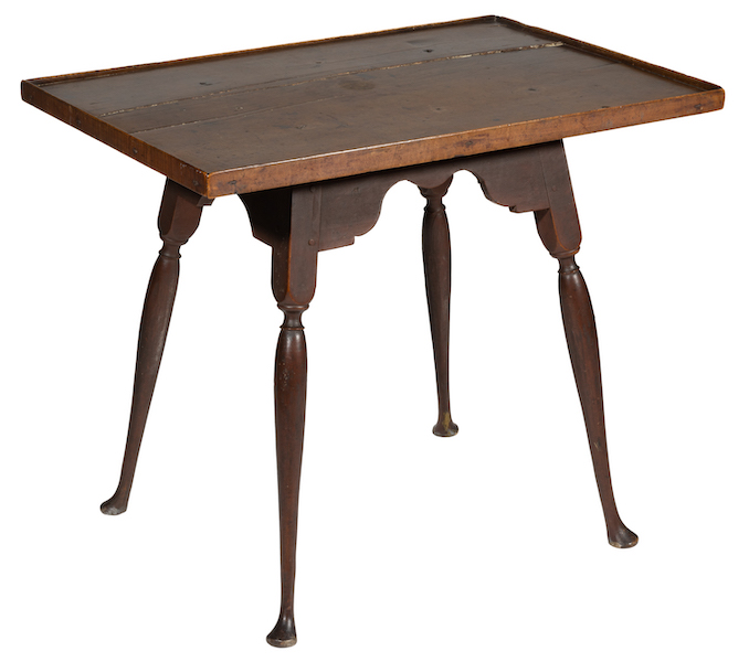 New England Queen Anne tiger maple tray-top tea table, estimated at $10,000-$15,000