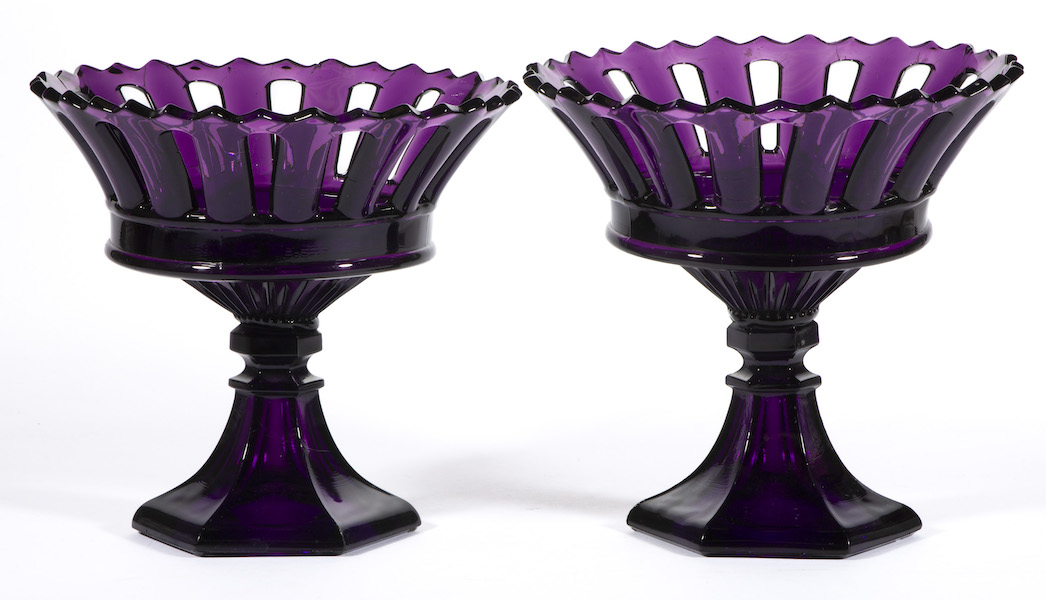 Pair of pressed Boston & Sandwich Glass Co. open-work amethyst fruit baskets, estimated at $3,000-$5,000