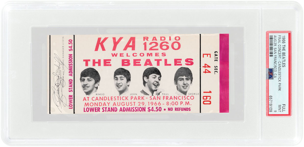 The Beatles August 29, 1966 Candlestick Park (San Francisco) concert ticket with photo portraits of all four band members. Finest known and highest-graded example of a full ticket from what was their historic final concert before a paying audience. PSA Full 9 Mint. Sold within estimate for $11,779. Image courtesy of Hake’s Auctions