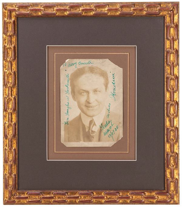 Circa-1920 signed and inscribed bust photo portrait of Harry Houdini, estimated at $3,000-$4,000 