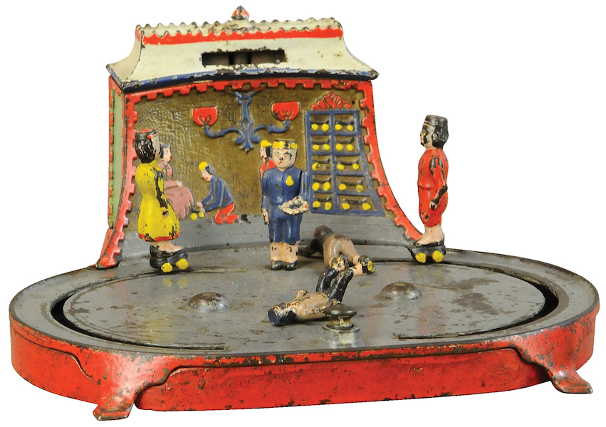 Kyser & Rex (Philadelphia) Roller Skating cast-iron mechanical bank, excellent condition retaining bright original paint colors. Sold for $24,000