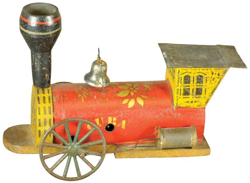 George Brown clockwork tin locomotive, 10in long, stenciled on boiler with the name ‘CUBA.’ Sold for $4,800