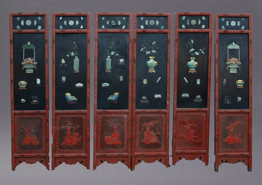 Chinese six-panel jade-inlaid cinnabar screen, $7,040