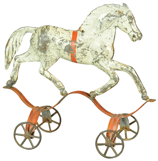Merriam tin hose on wheels, 8in, the largest of a series that included three sizes. Sold for $3,600