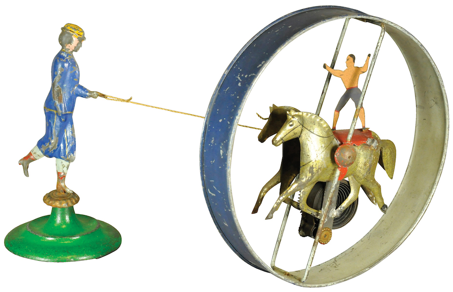 Althof Bergmann Mechanical Circus Rider clockwork hoop toy, 9in, 1871 patent date stenciled on outside of hoop. Sold for $6,000