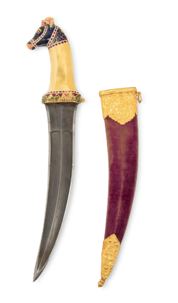 A Mughal gold and enameled horsehead dagger from the 17th or 18th century realized $10,000 plus the buyer’s premium in June 2022. Image courtesy of Hindman and LiveAuctioneers