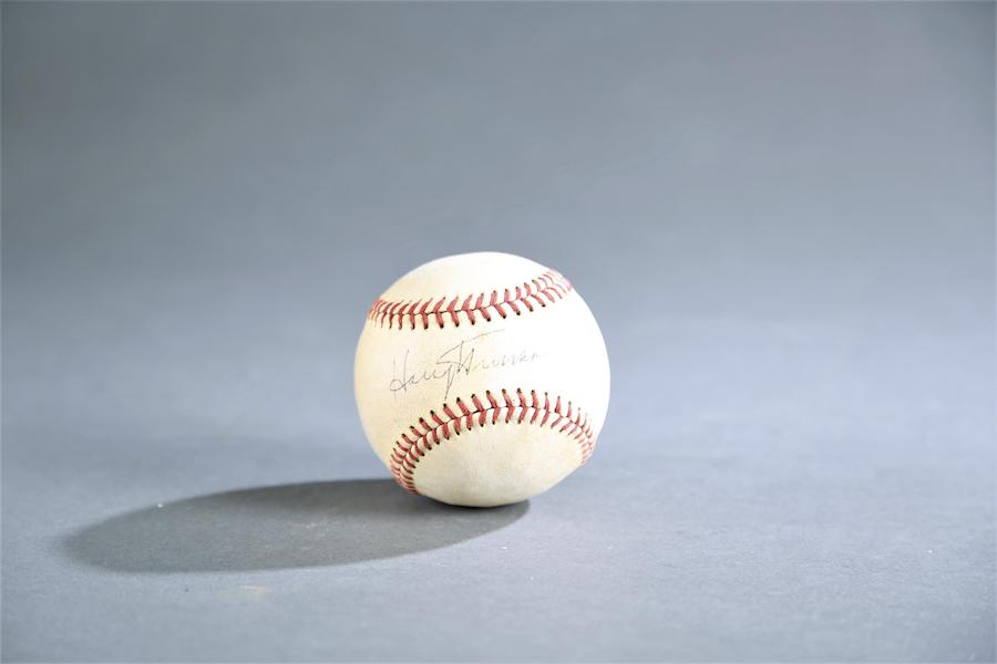 Baseball signed by former President Harry Truman on the “sweet spot” in black pen while he was attending a Washington Senators game in 1952, estimated at $2,000-$3,000. Image courtesy of Quinn’s Auction Galleries