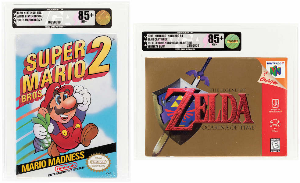 Left: Nintendo NES (1989) ‘Super Mario Bros. 2’ game cartridge with white Nintendo seal, VGA 85+ NM+. Sold near high estimate for $9,086. Right: Nintendo N64 (1998) ‘The Legend of Zelda: Ocarina of Time’ game cartridge with vertical seam. Sold within estimate for $7,282. Images courtesy of Hake’s Auctions