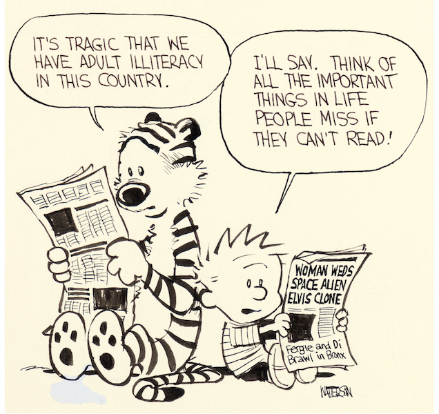In the same November 17 sale, a black-and-white illustration showing Calvin and Hobbes achieved $120,000. Both the record-tying Sunday strip and this piece came from the collection of the late Lee Salem, the comic strip editor who discovered and mentored ‘Calvin and Hobbes’ artist Bill Watterson. Image courtesy of Heritage Auctions