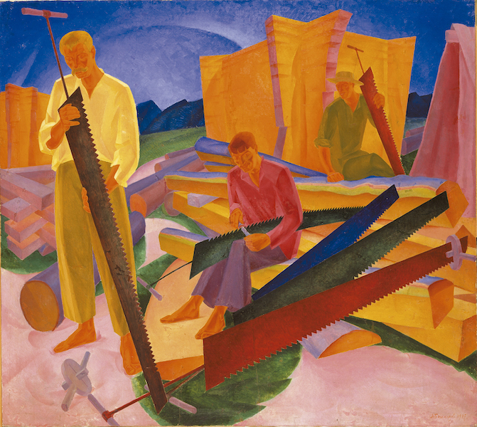 Oleksandr Bohomazov, ‘Sharpening the Saws,’ 1927. Oil on canvas, 138 by 155cm. National Art Museum of Ukraine