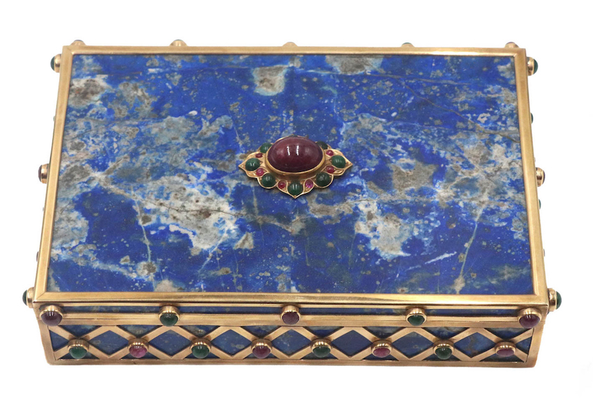 Blue lapis and gold bejeweled hinged box, estimated at $5,000-$10,000