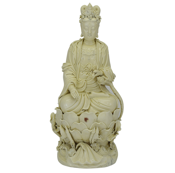 Chinese blanc de chine (white glazed porcelain) statue of Quan Yin, estimated at $1,000-$10,000