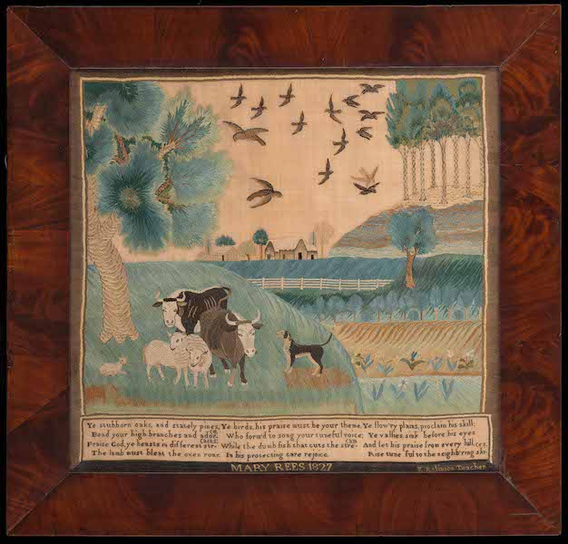 Sampler, Mary Rees, Montgomery County, Pennsylvania, 1827, silk and wool embroidery threads on a linen ground of 27 by 36 threads per inch in an original veneered maple frame. Museum purchase, 1957.602.1