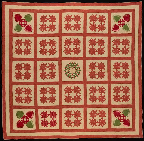 Appliqued album quilt, Sarah Doub (1805-1878), Frederick, Maryland, 1857, plain and printed cottons. Museum purchase with funds provided by Linda Baumgarten, 2020.609.1