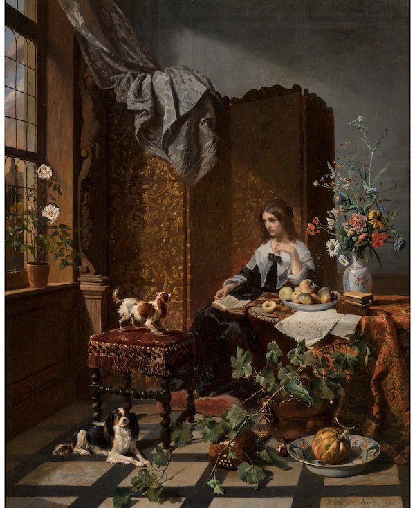 David de Noter, ‘A woman with lapdogs in a lavish interior,’ estimated at $10,000-$15,000. Image courtesy of Heritage Auctions
