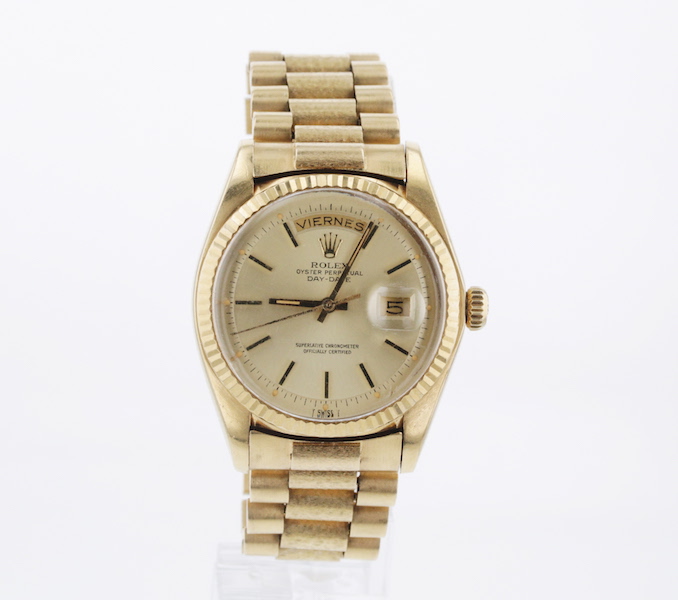 18K gold 1975 Rolex President Day-Date with Spanish calendar wheel, estimated at $15,000-$20,000