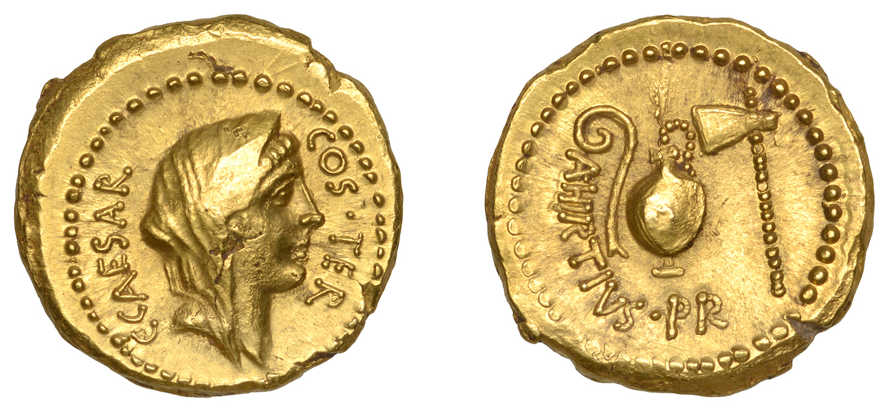 Roman aureii produced under Julius Caesar, £15,000. Image courtesy of Noonans