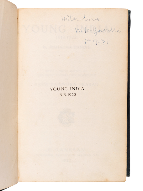 First edition of Young India, 1919-1922 signed by Gandhi, $37,500, a record for a Gandhi-signed book