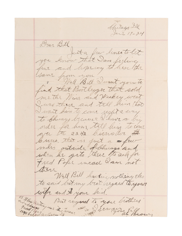 Al Capone letter from 1924 concerning business with a bootlegger, $43,750