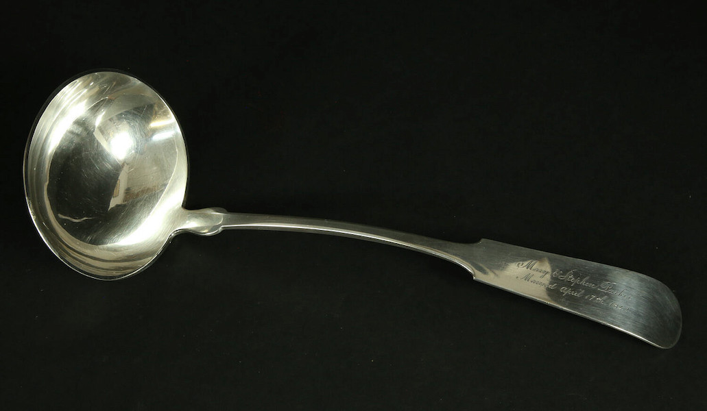 Nantucket coin silver ladle by James Easton II, estimated at $2,500-$4,500