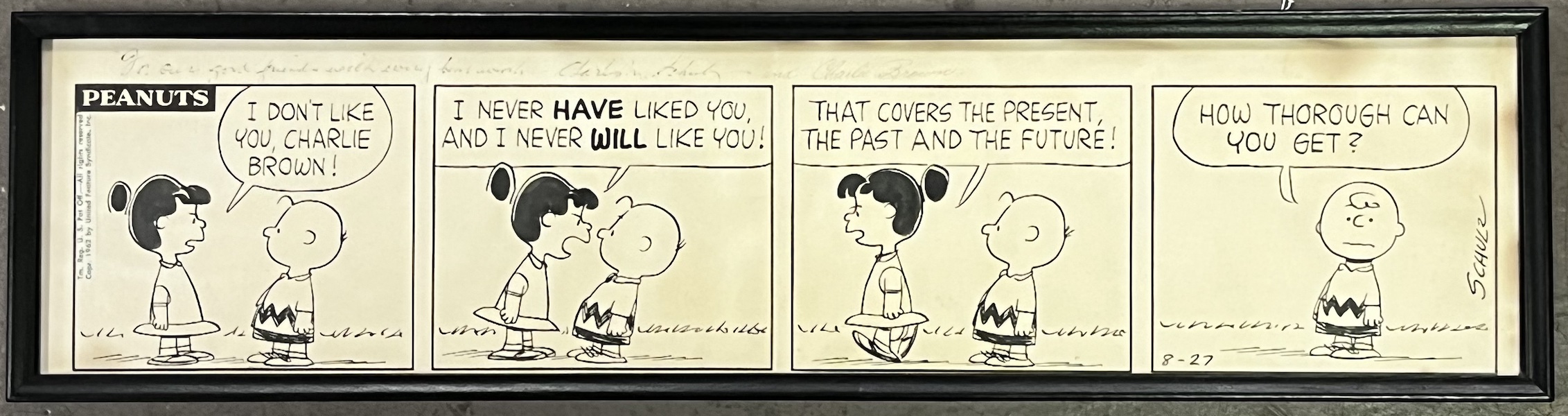 Original Peanuts strip by Charles Schulz, dated 8-27-1962 and signed and inscribed by Schulz, $32,400